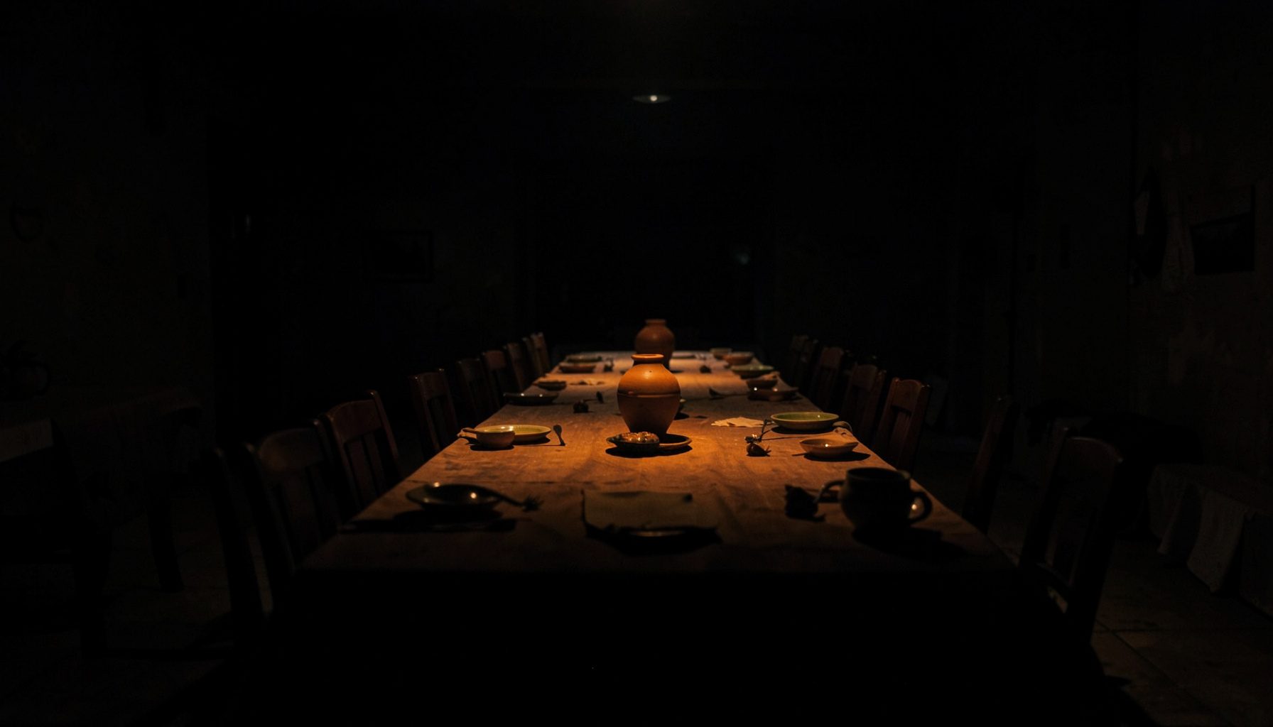 Atmospheric dark photograph of a long communal table set with simple earthenware in a dim hall